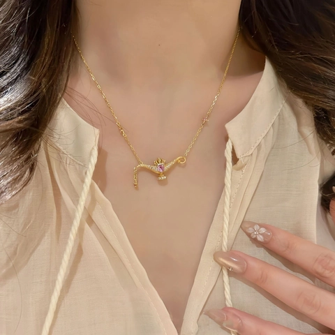 Magic Lamp Pendant Necklace Gold Plated Copper Pink Cubic Zirconia Star Accents Fairy Tale Dreamy Sweet Style For Women