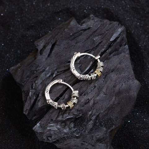 Boucles D'oreilles Créoles Rétro Relief Cuivre Plaqué Argent Bicolore Or Motif Moulin À Prières Style Ethnique Pour Femmes