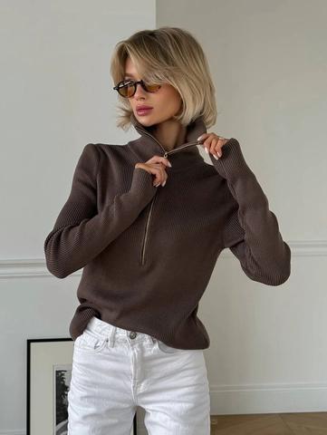 Pull En Tricot Côte En Coton Pour Femmes Demi-Fermeture Éclair Col Montant Manches Longues Coupe Ajustée Automne Hiver Couleur Unie