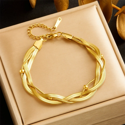 Braided Snake Chain Bracelet Stainless Steel Multi-Strand With Metal Beads Adjustable Extension Link Jewelry For Women