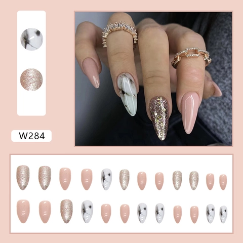Uñas Postizas Almendra Larga Patrón Mármol Fragmentos Brillantes Resina Manicura De Moda Para Mujeres