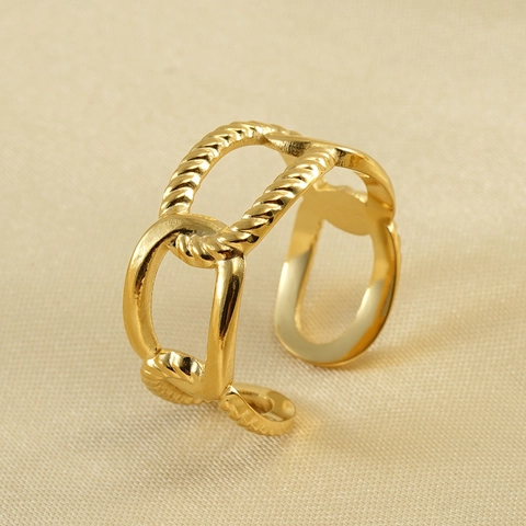 Anillo De Acero Inoxidable Chapado En Oro 18K Abierto Ajustable Eslabones De Cadena Trenzada Joyería Mujer