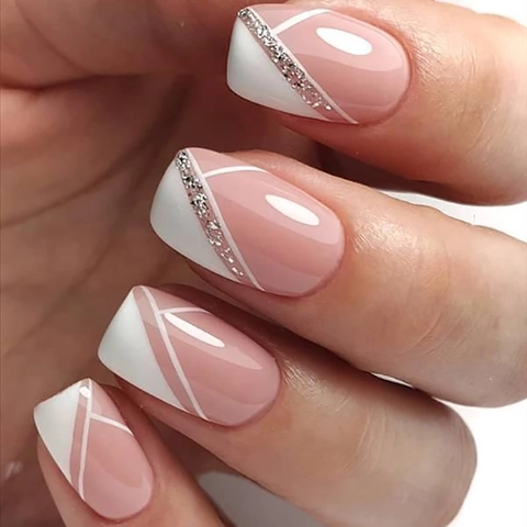 Unghie Press On Rosa Nude Bianco Stile Francese Glitter Argento Geometrico Acrilico Manicure Fai Da Te