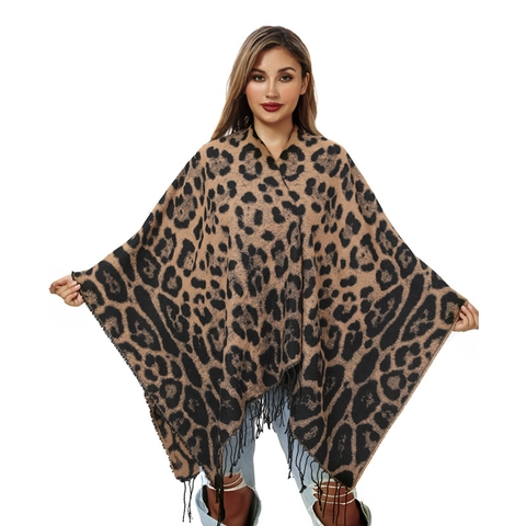 Vintage Leopard Print Faux Cashmere Poncho Shawl For Women Winter Warm Tassel Cape Knitted Wrap Scarf Outdoor Wear