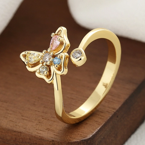 Schmetterling Offener Verstellbarer Ring Aus Kupfer Mit Bunten Zirkonia Eleganter Hohler Modeschmuck Für Damen