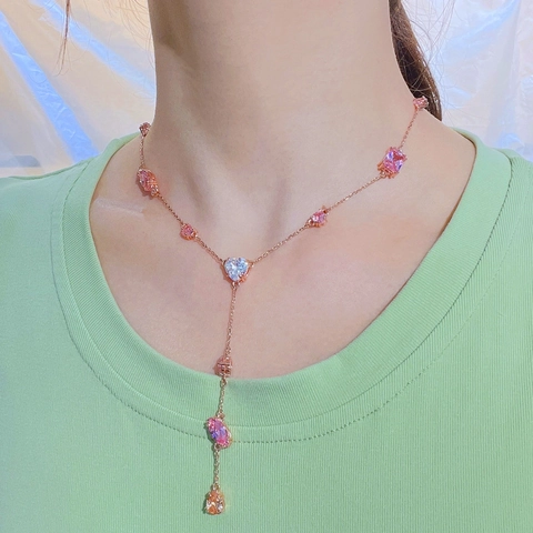 Rose Gold Candy Cube Heart Rhinestone Necklace Adjustable Bracelet Bangle Stud Earrings For Women Fashion Jewelry Gift