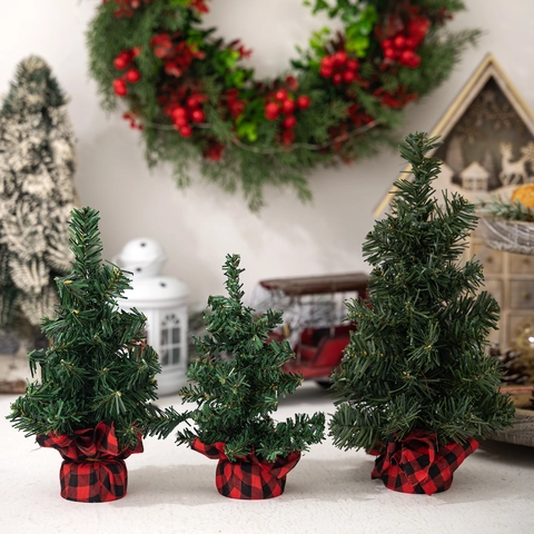 Mini Sapin De Noël Artificiel Avec Base À Carreaux Rouge Noir PVC Décoration De Table Ornement De Fête Maison