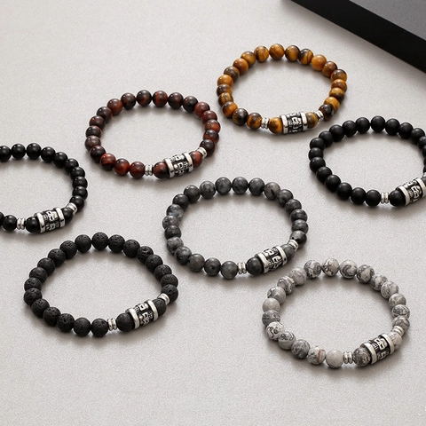 Beaded Bracelet Natural Stone Tiger Eye Agate With Stainless Steel Skull Bead Vintage Punk Jewelry Unisex