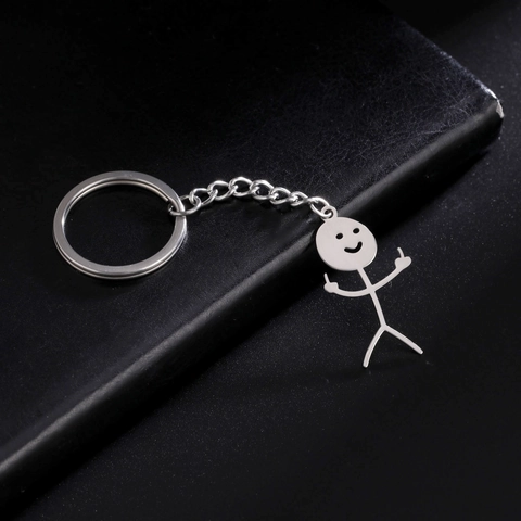 Bonhomme Allumette Doigt d'Honneur Porte-clés Drôle en Acier Inoxydable Pendentif Visage Souriant Anneau de Clé pour Sac de Voiture Cadeau