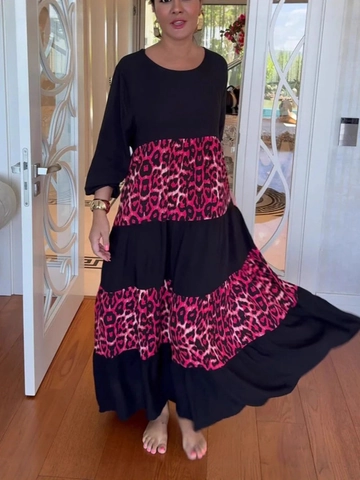 Luipaardprint Patchwork Maxi Jurk Lange Mouwen Ronde Hals Gelaagde Casual Elegante Bohemian Lange Jurk Voor Dames