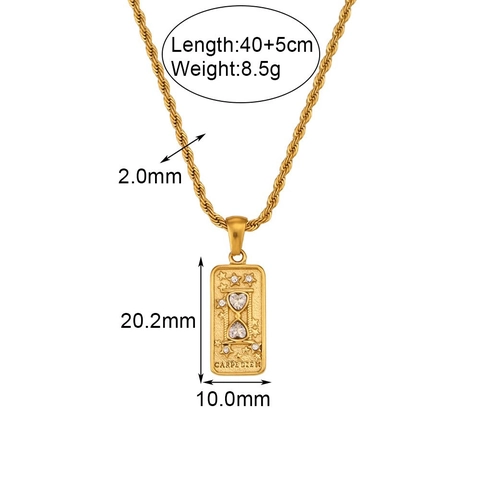 Tarot Karten Anhänger Halskette Vergoldeter Edelstahl Zirkonia Vintage Rechteckige Platte Kordelkette Damen