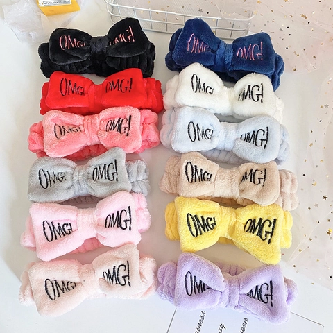 OMG Letter Embroidery Bowknot Headband Coral Fleece Soft Elastic Hair Band For Washing Face Makeup Skincare For Women Girls