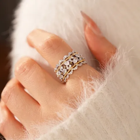 Vintage Hofstil Hohlspitze Breiter Ring Kupfer Mit Klarem Zirkon Zweifarbig Gold Silber Offen Verstellbar Für Damen