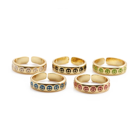 Lächelndes Gesicht Offener Ring Gold Vergoldetes Kupfer Emaille Zirkon Bunt Verstellbar Modeschmuck Damen