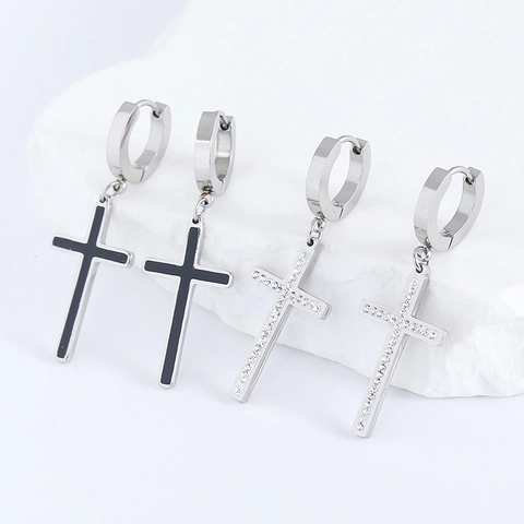 Stainless Steel Cross Pendant Hoop Earrings Rhinestone Enamel Religious Punk Fashion Jewelry For Unisex