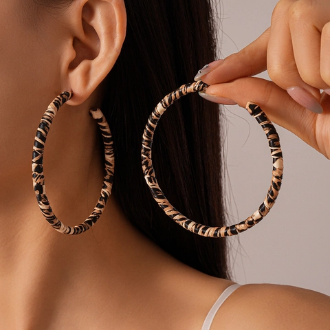 Vintage Leopard Print Leather Wrapped Hoop Earrings For Women With 925 Sterling Silver Earring Post Retro Geometric Round