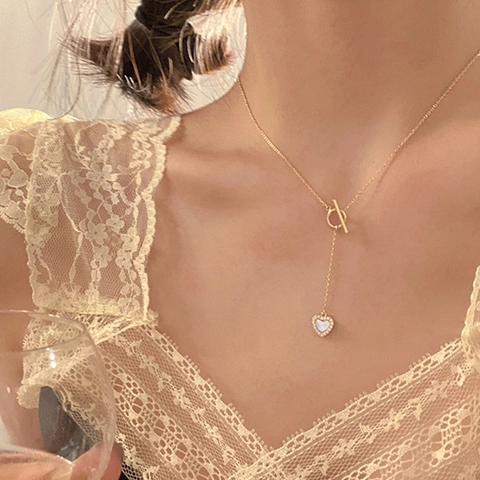 Heart Pendant Necklace With Mother Of Artificial Pearl Zircon Gold Plated Stainless Steel T-Bar Clasp Korean Style Jewelry For Women
