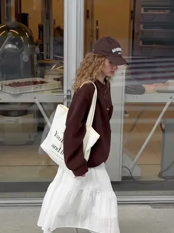 Sweat-Shirt En Coton Col Rond Pour Femmes Marron Maillard Broderie De Lettres Ample Pull Manches Longues Streetwear