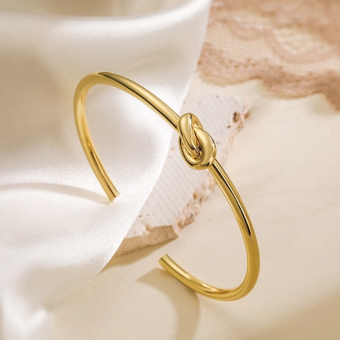 Knot Open Cuff Bangle For Women Minimalist 18K Gold Plated Copper With Zircon High Polished Smooth Adjustable Bracelet