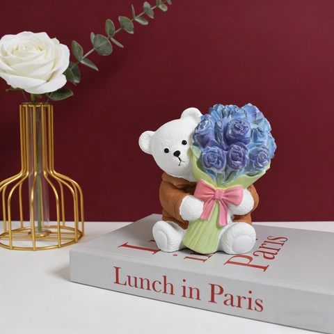 Bear Holding Flower Bouquet Silicone Mold Rose Teddy Bear For DIY Candle Making Resin Casting Soap Crafting Valentine Gift