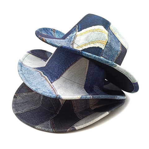Chapeau Fedora En Denim Patchwork Large Bord Mélange Coton Polyester Style Rétro Jazz Western Mixte