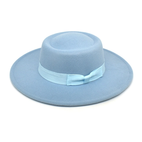 Boater Hat Women Wide Brim Flat Top Cotton Polyester Felt Vintage Jazz Fedora Ribbon Bow Autumn Winter Warm Solid Color