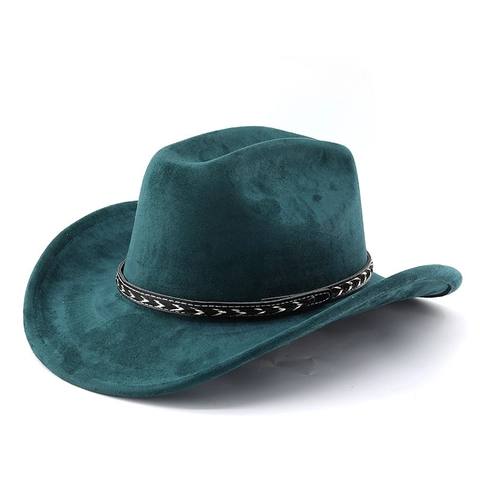 Western Cowboy Hat Suede Polyester Wide Brim Retro Outdoor Riding Fedora With Woven Band