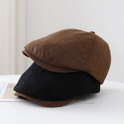 Vintage Newsboy Cap Cotton Linen Blend Solid Color Adjustable Painter Flat Hat British Style For Men And Women