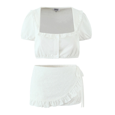 Donna Bianco Cotone Ricamo Inglese Volant Crop Top E Pantaloncini Pastorale Francese Estate Moda