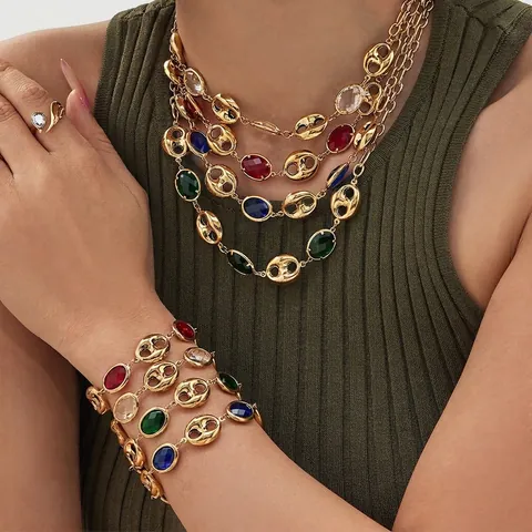 Marine Link Ketting Armband Oorbellen Ring Verguld Roestvrij Staal Kleurrijke Glassteen Mode Sieraden Voor Dames