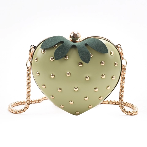 Strawberry Shape Heart Chain Crossbody Bag PU Leather Mini Shoulder Bag With Rivet Seeds Green Leaf Decor For Girls