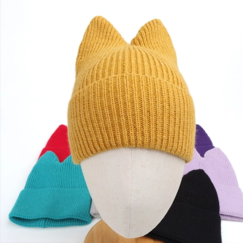 Katzenohren Beanie Mütze Acryl Strick Warm Winter Pullover Süß Rippenstrick Umschlag Draußen Für Damen Mädchen