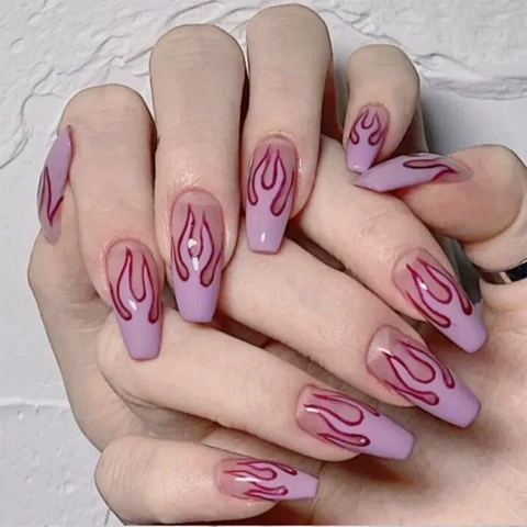 Lange Coffin Press On Nagels Taro Paars Gradiënt Roze Vlammenpatroon Kunstnagels Ballerina Vorm Manicure Voor Dames
