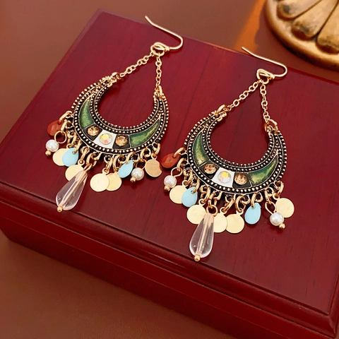 Bohemian Crescent Moon Dangle Earrings With Enamel Resin Rhinestone And 925 Sterling Silver Earring Post Vintage Style