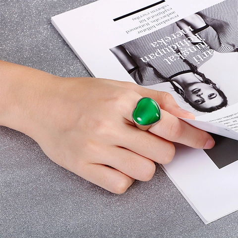 Heart Shaped Gemstone Ring Vintage Stainless Steel Cat Eye Stone Band Jewelry For Women Men Boho Style