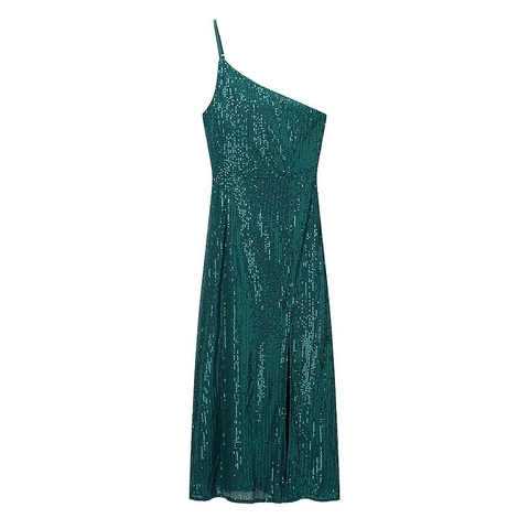 Abito Maxi Con Paillettes Sexy Monospalla Spacco Alto Senza Maniche Asimmetrico Sera Festa Banchetto Per Donna Glamour