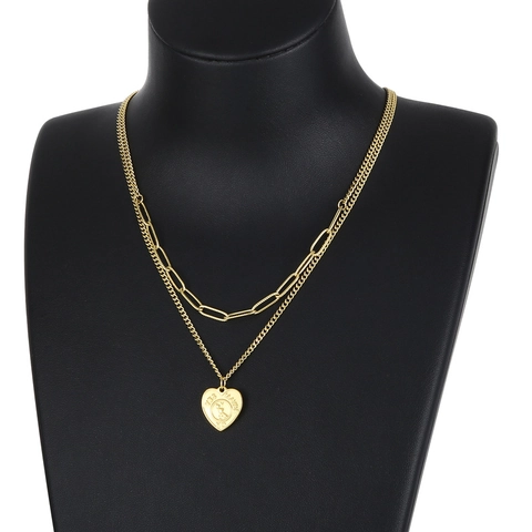 Double Layer Heart Pendant Necklace Stainless Steel Paperclip Cuban Chain Rotating Decision Wheel Minimalist Jewelry