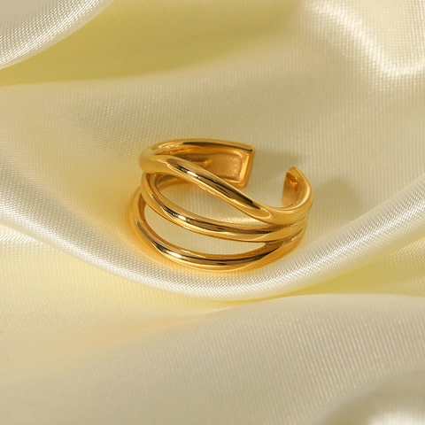 Adjustable Open Ring 18K Gold Plated Stainless Steel Multilayer Wave Design Minimalist Vintage Jewelry For Women