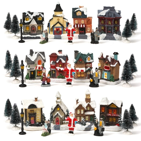 Decorazioni Per Case In Miniatura Del Villaggio Di Natale Resina Lucida LED Vista Neve Ornamento Da Scrivania Regalo
