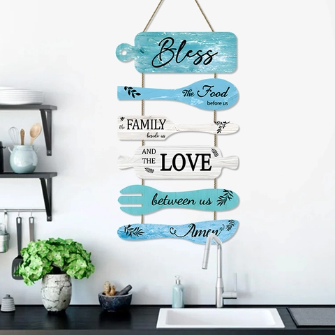 Kitchen Wall Hanging Wooden Sign Rustic Farmhouse Cutlery Shape Plaque With Jute Rope For Dining Room Decor