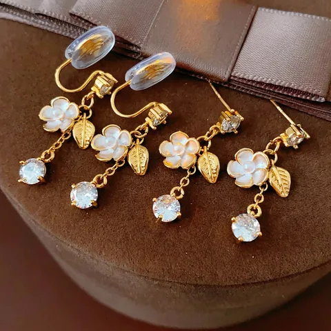 Pendientes Colgantes De Flores Hojas Circón Imitación Perla Artificial Chapado En Oro Vintage Elegante Mujer Con Silver Earring Post