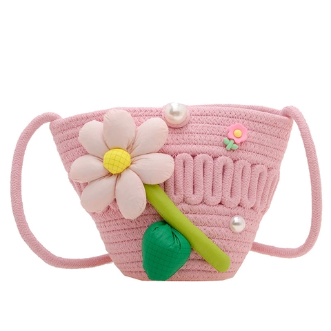 Kids Woven Crossbody Bag Cute Handmade Flower Artificial Pearl Shoulder Pouch For Girls Lightweight Travel Purse