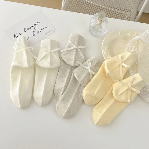 Crew Socken Aus Gekämmter Baumwolle Mit Schleife Gerippt Japanischer Stil Süß Atmungsaktiv Modisch Für Damen