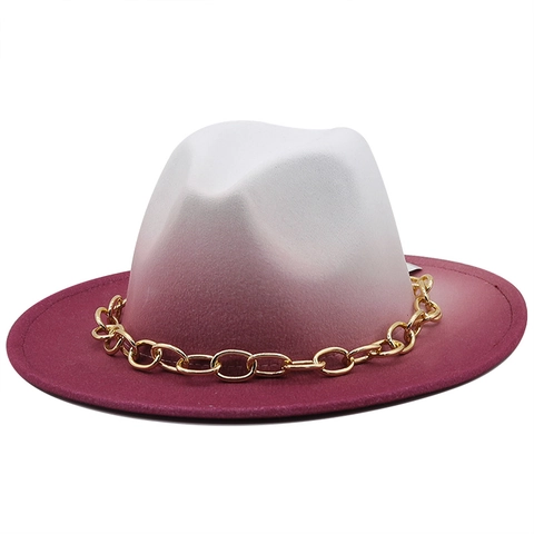 Ombre Fedora Hoed Met Grote Gouden Metalen Ketting Brede Rand Wolvilt Vintage Jazz Pet Voor Dames Heren