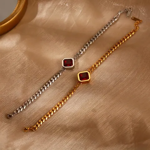 Pulsera De Cadena Cubana Para Mujer De Acero Inoxidable Con Circonita Roja Cuadrada Joyería De Moda Elegante Oro