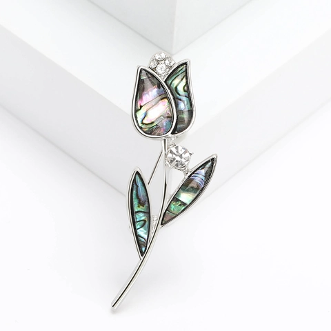 Broche de Tulipán de Aleación Vintage Con Incrustación de Concha de Abolón Diamantes de Imitación Elegante Pin de Flor Plateada Joyería