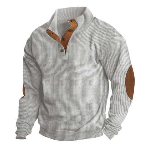Men's Outdoor Casual Corduroy Sweatshirt Stand Collar Button Neck Long Sleeve Pullover With Contrast Elbow Patches Loose Fit Top