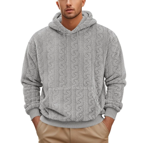 Men Hoodie Teddy Velvet Sherpa Fleece Cable Knit Jacquard Long Sleeve Thick Warm Casual High Street Autumn Winter