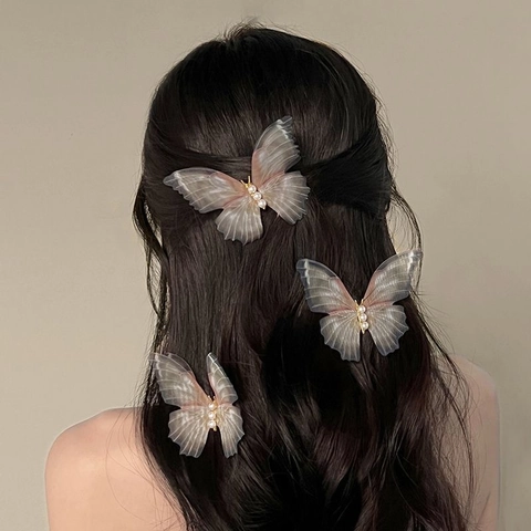 Mollette Per Capelli A Farfalla Fata Ali In Garza Con Künstliche Perle Sintetiche Lega Clip A Becco D'Anatra Sfumate Matrimonio
