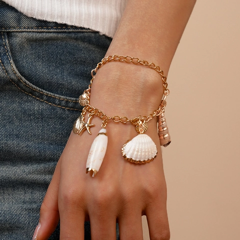 Pulsera Con Dijes De Océano Aleación Concha Natural Estrella De Mar Colgantes Joyería De Vacaciones Para Mujeres